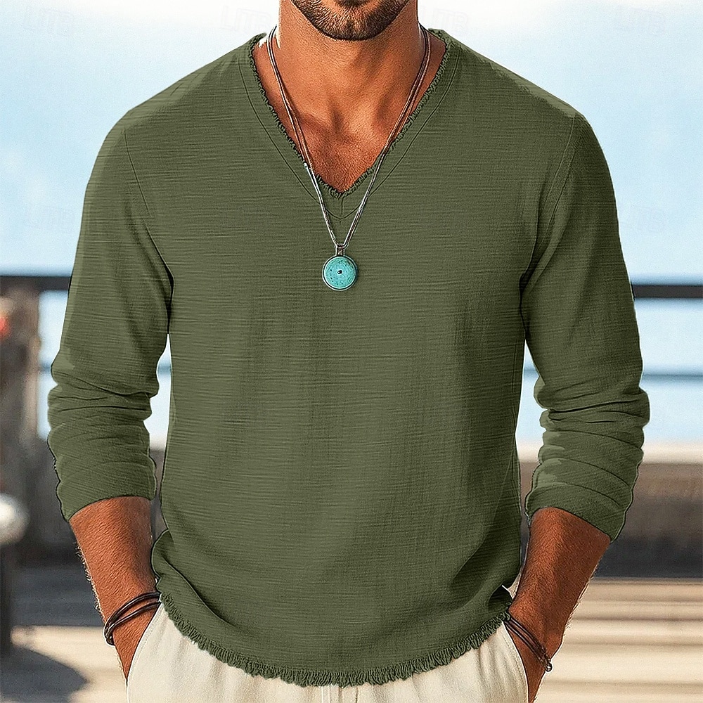 Homens Camiseta de linho Manga Longa Decote V Verão Primavera Côr Sólida Tecido Vintage Boêmio Casual Borda Crua Casual Férias Rua Branco Top Tee para Homens de 2026 por $24.99 –P6