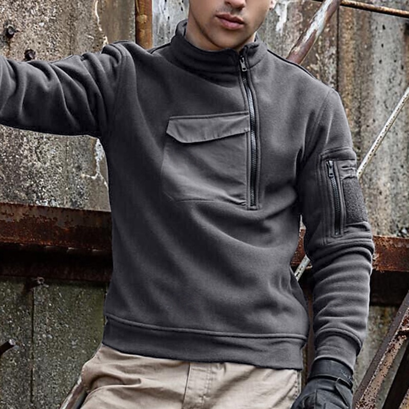 Per uomo Felpa con cappuccio Felpa con cappuccio e zip corta Felpa con cappuccio in pile Felpa con cappuccio tattica Nero Verde militare Grigio Collo Alto Semplice Cerniera Sport & Outdoor Casuale del 2025 a $23.99 –P1