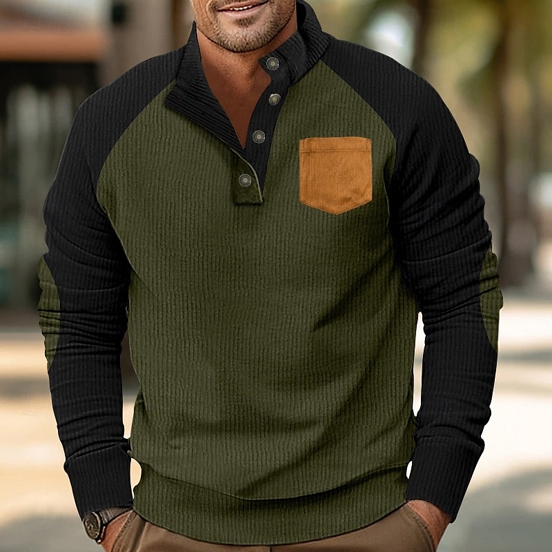 Hombre Sudadera Pana Sudadera Con Capucha Pull-over Sudadera con capucha y botones Albaricoque Caqui Claro Negro Verde Ejército Burdeos Cuello Mao Plano Retazos Deporte Casual Diario Ropa de calle 2025 - $27.99 –P5