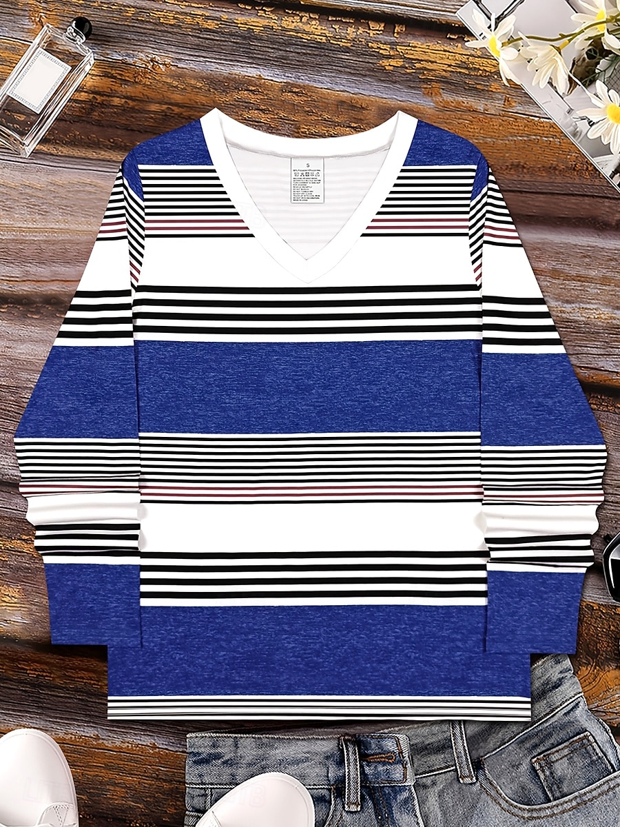 Dam T-shirt Långärmad Grafisk Geometrisk Randig Vintage Stilig Klassisk Långärmad V-ringad Regula Tops Dagstryck Kungablå Himmelblå Vår Höst Vinter Förvår 2026 - $24.99 –P6
