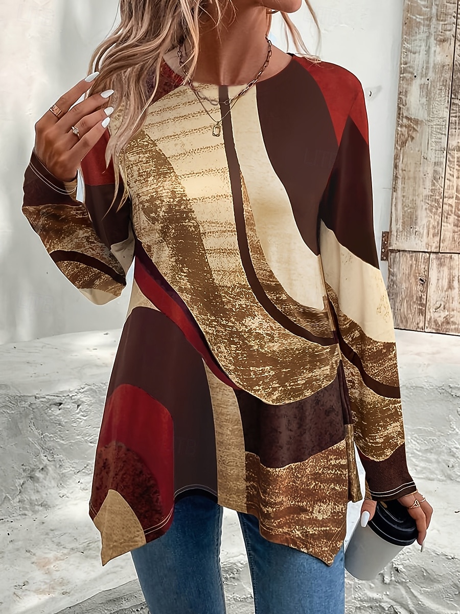 Жен. Футболка С принтом Асимметричный вырез Графика Геометрический принт Винтаж Стиль На каждый день Длинный рукав Вырез под горло Обычные топы Повседневные Красный Лиловый Коричневый Зеленый Хаки 2026 - $24.99 –P1