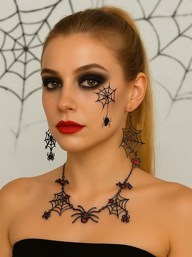 Dámský halloweenský gotický náhrdelník a náušnice s pavučinou, černočervené krystalové šperky s hmyzem na kostýmní večírky a cosplay 2025 - $11.99 –P3