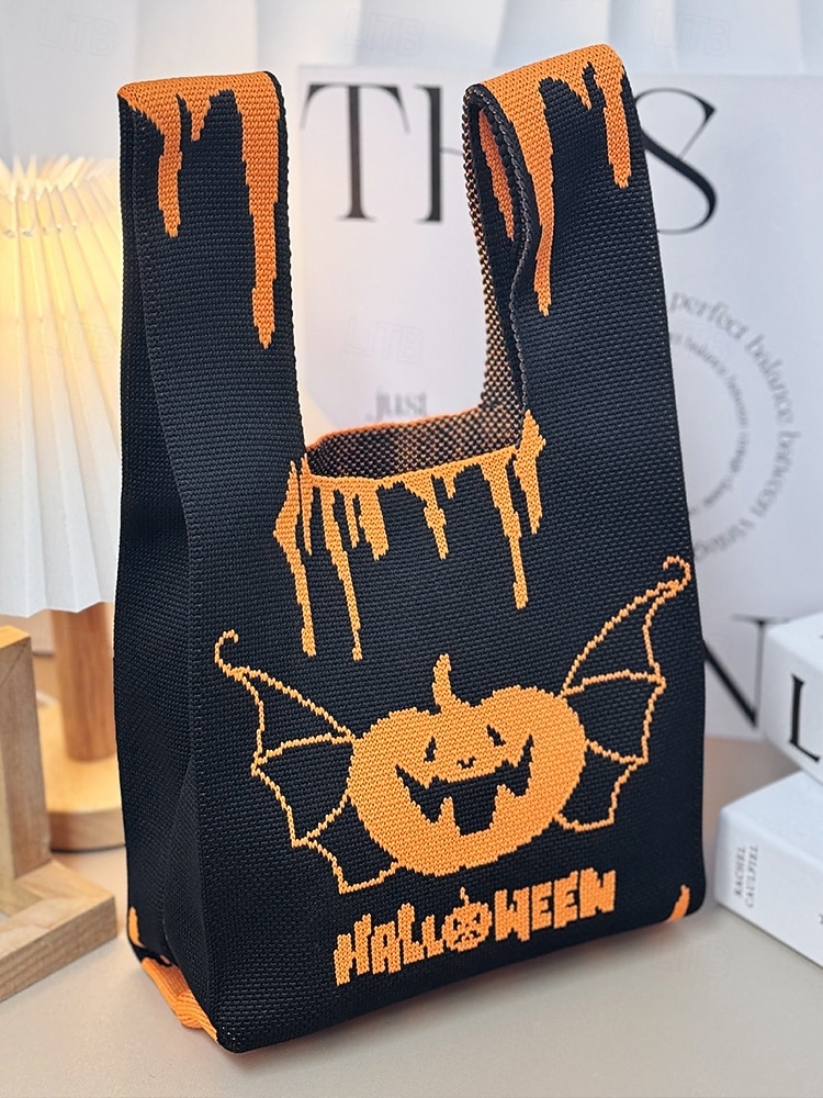 Dámská halloweenská taška – pletená kabelka se vzorem dýně a netopýra na koledování, ležérní opakovaně použitelná taška přes rameno na párty, nákupy a vánoční dárek 2025 - $9.99 –P1