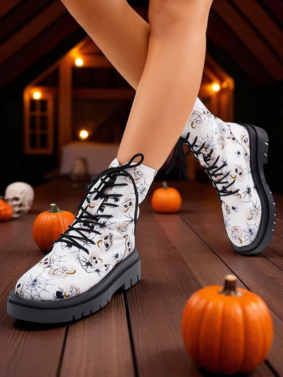 női koponyamintás harci csizma vastag talppal – gótikus fűzős bokacsizma halloweenre, fesztiválokra és alternatív utcai viseletre 2025 - $29.99 –P3