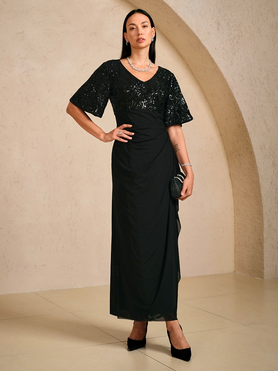 Femmes Robe maxi Robe fourreau Élégant Fête Anniversaire Fleuri Demi Manches Col en V Noir Été Printemps Automne de 2025 ? $129.99 –P1