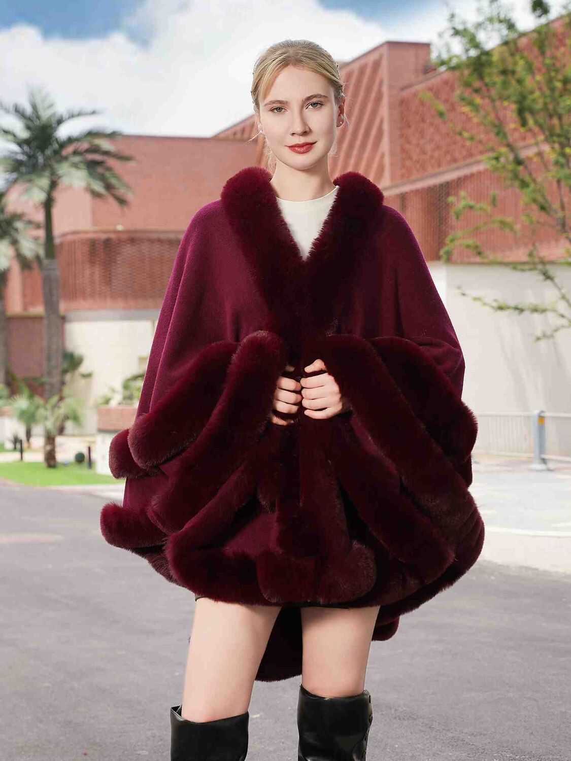 Pelssjal Plus Size Curve Hold Varm Ermeløs Flaggermusermer Polyester Bryllup Wrap Med Ren Farge Til Spesiell Leilighet Høst vinter 2025 - $113.99 –P9