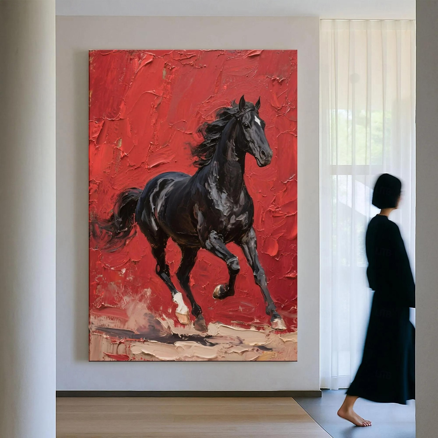 2025年 オリジナルの赤黒の質感のある馬の油絵、キャンバスに描かれた野生の種馬の壁アート、馬のパレットナイフのアートワーク、モダンで大胆な乗馬の装飾  コレクション – $38.99 –P2