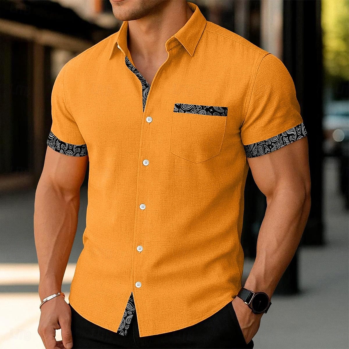 Camicia Uomo Camicia in Lino Camicia Estiva Camicia da Spiaggia Camicie Non Rimboccate Paisley Vacanza Nera Rosa Blu Arancione Maniche Corte Collo Estate Primavera Abbigliamento Color Block del 2026 a $11.49 –P5
