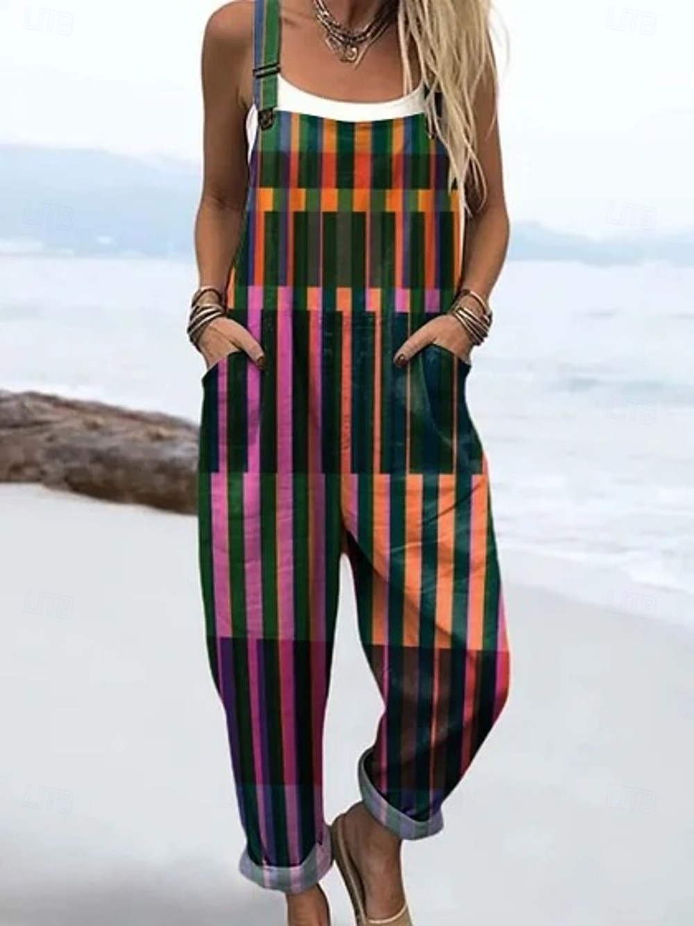 Women's 100% Cotton Dungarees Active Floral Sleeveless Sleeveless Straight Square Neck Pocket with Pocket Vacation Daily Loose Fit Blue Purple Orange Summer 2026 - $54.99 –P3