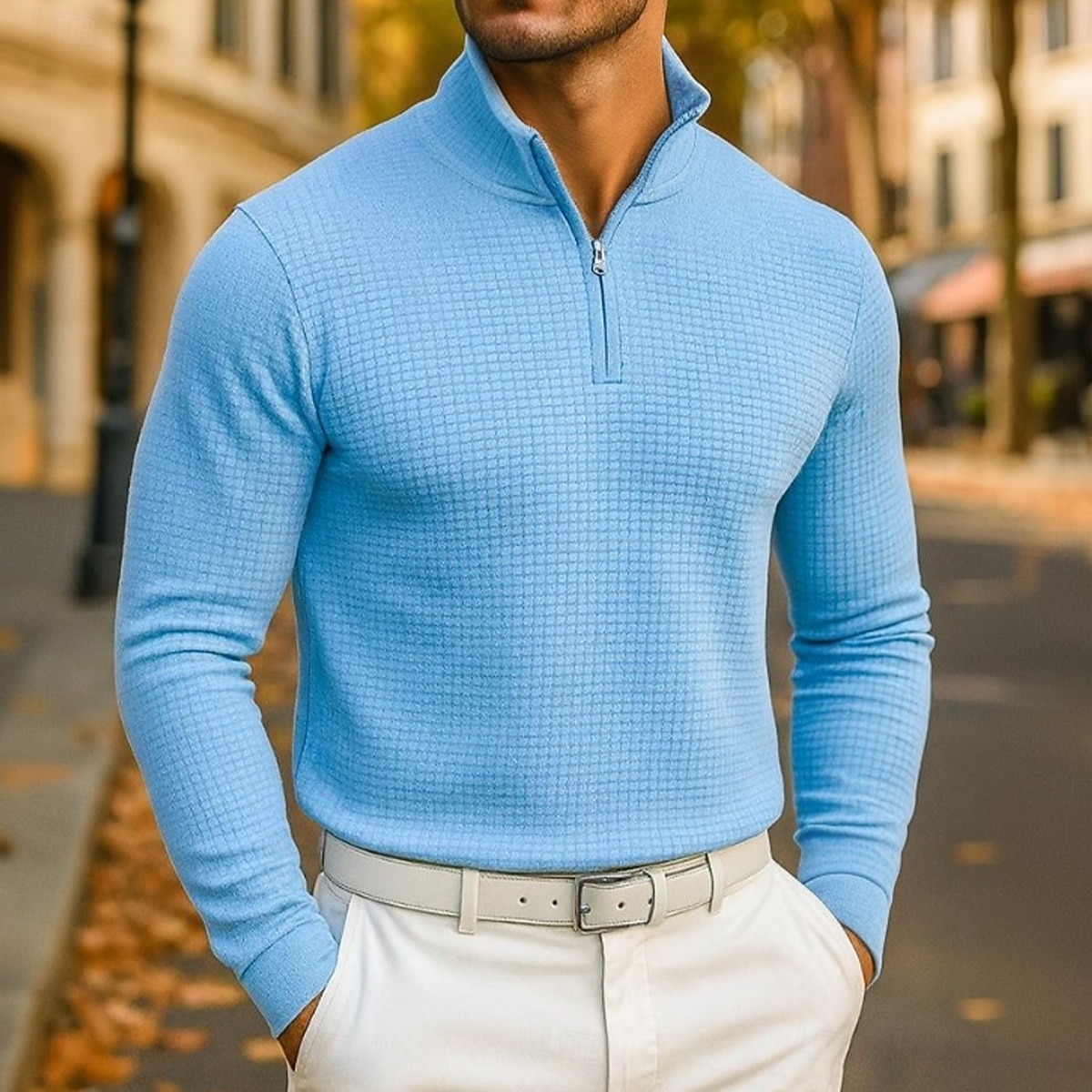 Herr Våffelpikétröjor Quarter Zip Polo Utomhus Casual Fjärdedels blixtlås Långärmad Mode Modern Ensfärgat Stickat Vår Höst Vår & Höst Vit Blå Orange Våffelpikétröjor 2025 - $27.99 –P1