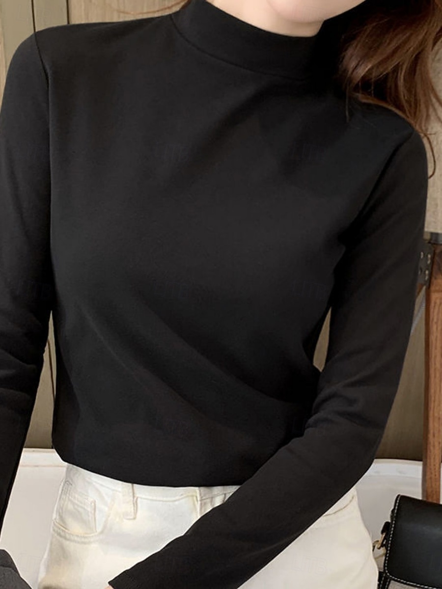 Damskie Bluzka Kwiaty Elegancki Podstawowy Codzienny Długi rękaw Wysoki Zwykłe topy Codzienny Czarny Biały Żółty Rumiany róż Brązowy Jesień Zima 2025 - $15.99 –P5