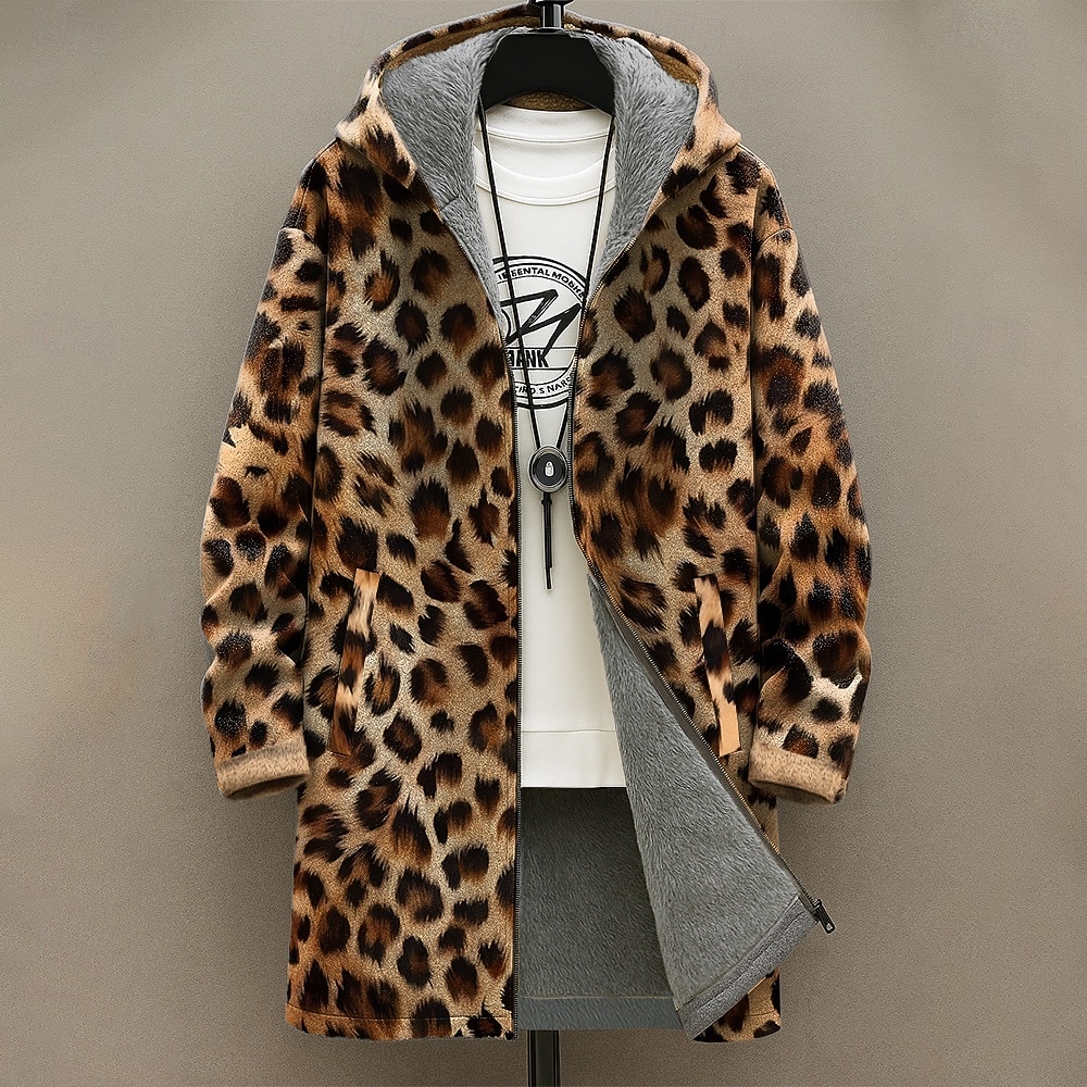 Herre Grafisk Leopardprint Vinterfrakk Fleece-jakke Frakk Hold Varm Bekvem Fritid Dagligdagstøy Glidelås Lomme 3D-utskrift Høst Vinter Med hette Langermet Gul Blå Brun 2025 - $54.99 –P1