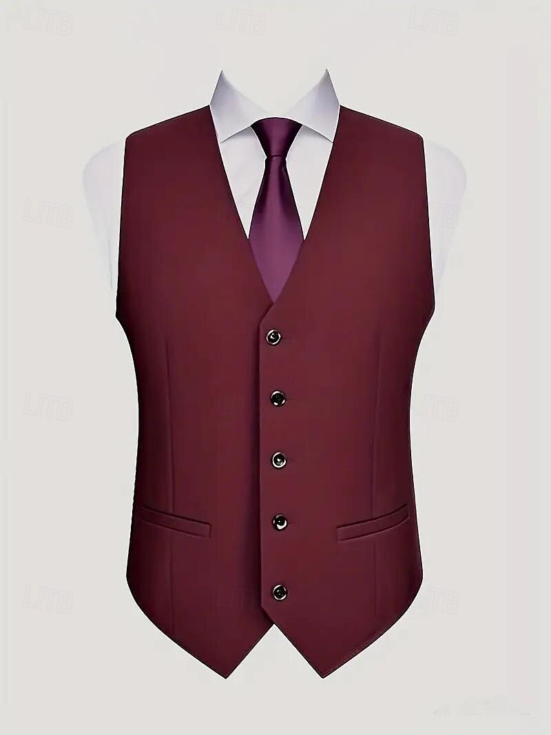 De los hombres Boda Negocio Trajes de boda Solapa de Pico Burdeos Formal Color sólido Ajustado Juego de 3 piezas 2025 - $136.99 –P2