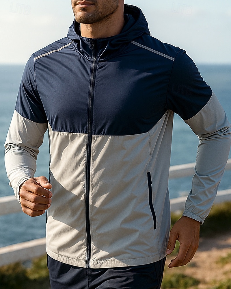 Herren Farbblock Kapuzenjacke Sportjacke Herbst Langarm Athleisure Sonnenschutz Leicht Outdoor Reise Sport Blau Weiß Grün Sportbekleidung Sportkleidung 2026 - $31.99 –P3