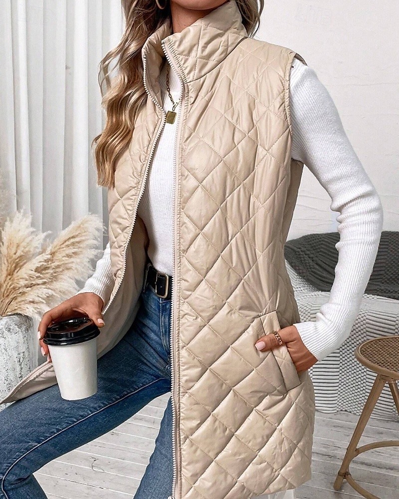 Per donna Gilet Caldo Confortevole Cerniera Tasca All'aperto Casual Semplice Ferie Weekend Cerniera Lungo Collo alla coreana Vestibilità regolare Senza Maniche Capispalla Nero Albicocca Inverno del 2026 a $33.99 –P4