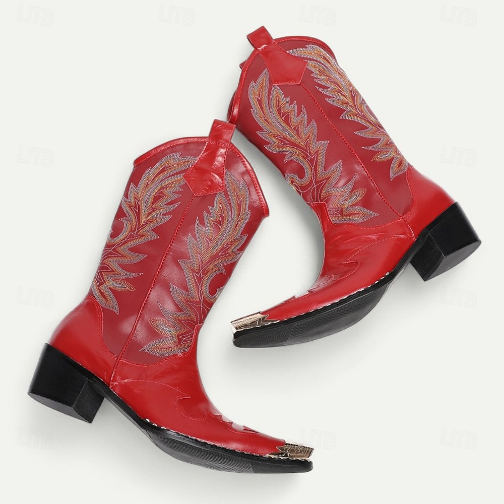 Pánské kovbojské boty z červené kůže – vysoké vyšívané boty ve westernovém stylu na rodeo, jízdu na koni a country festivaly 2025 - $229.99 –P8