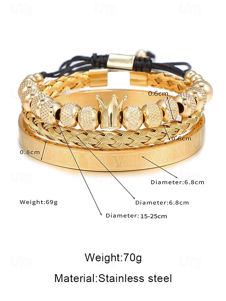Комплект мужских золотых браслетов из нержавеющей стали – 3 части: браслет с короной, плетеный браслет-манжета и браслет с римскими цифрами для модных нарядов, вечеринок и особых случаев 2025 - $18.99 –P7