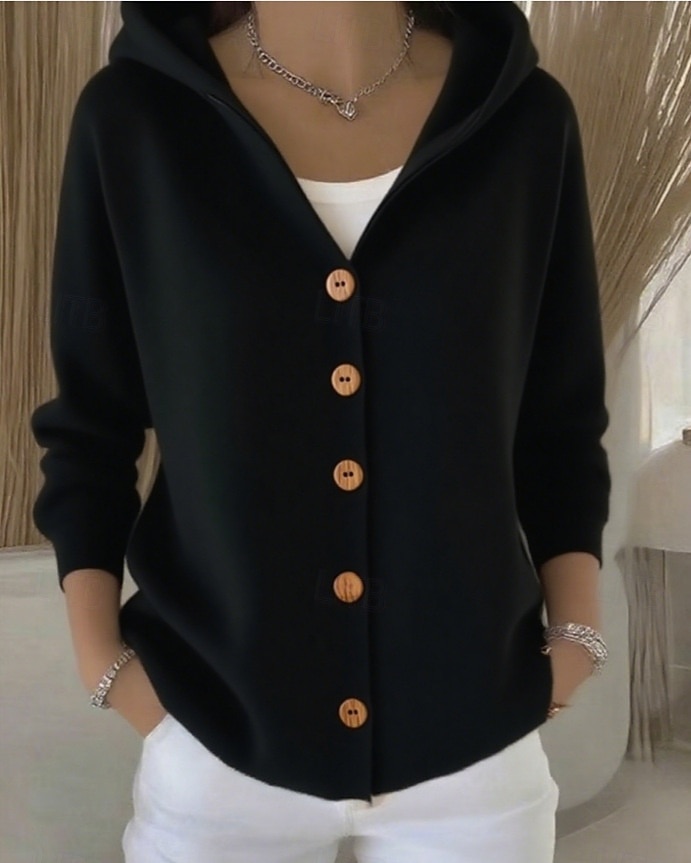 Women's Sweater Cardigan Elegant Fashion Streetwear Pure Color Hooded Knitted Long Sleeve Regular Tops Knit Outdoor Daily Weekend Black White Fall Winter 2025 - $16.99 –P6