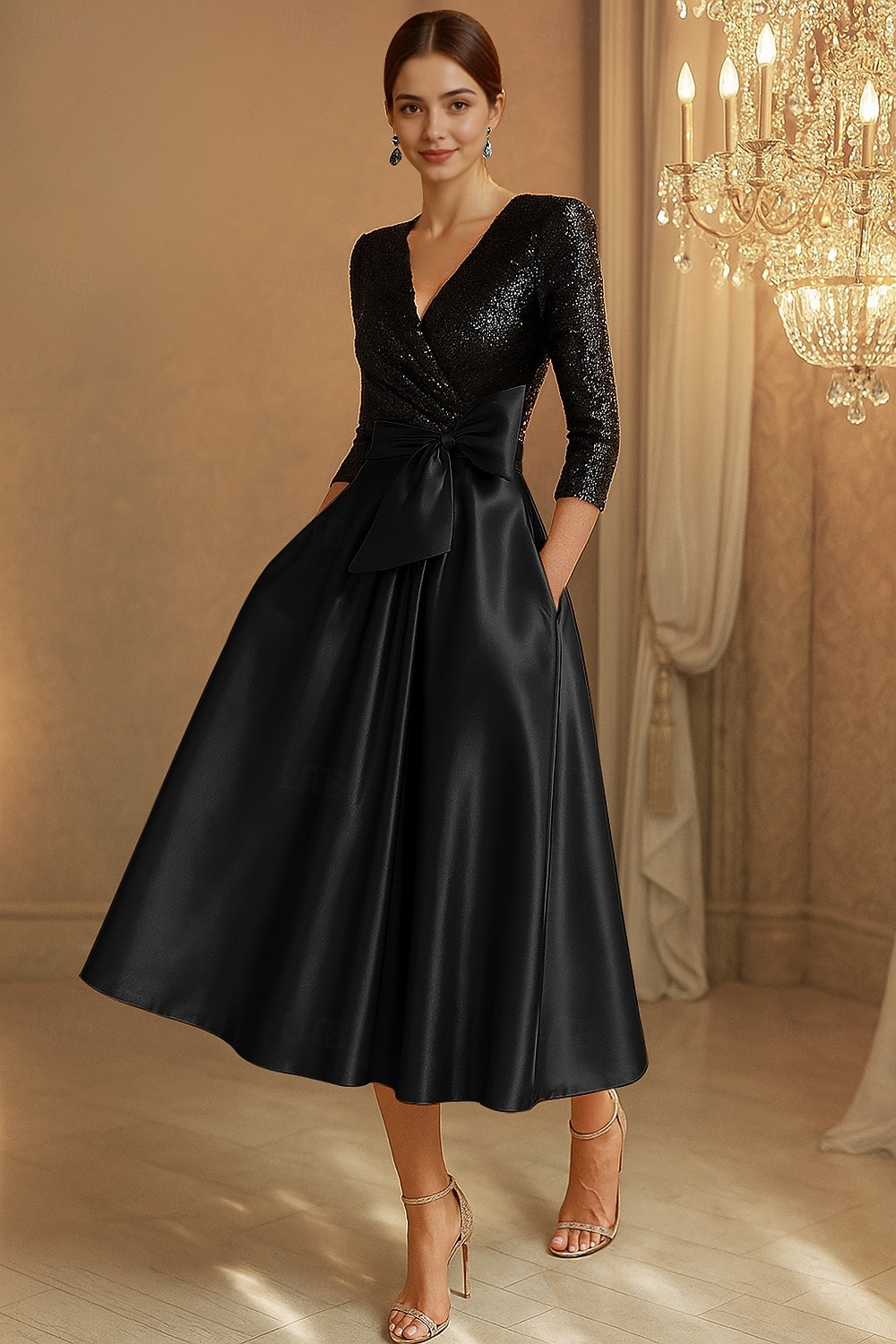 Svart slips A-linje paljett cocktailkjoler elegant kjole formell bryllup telang 3/4-ermet v-hals stretch sateng med sløyfe(r) 2025 2025 - $149.99 –P1