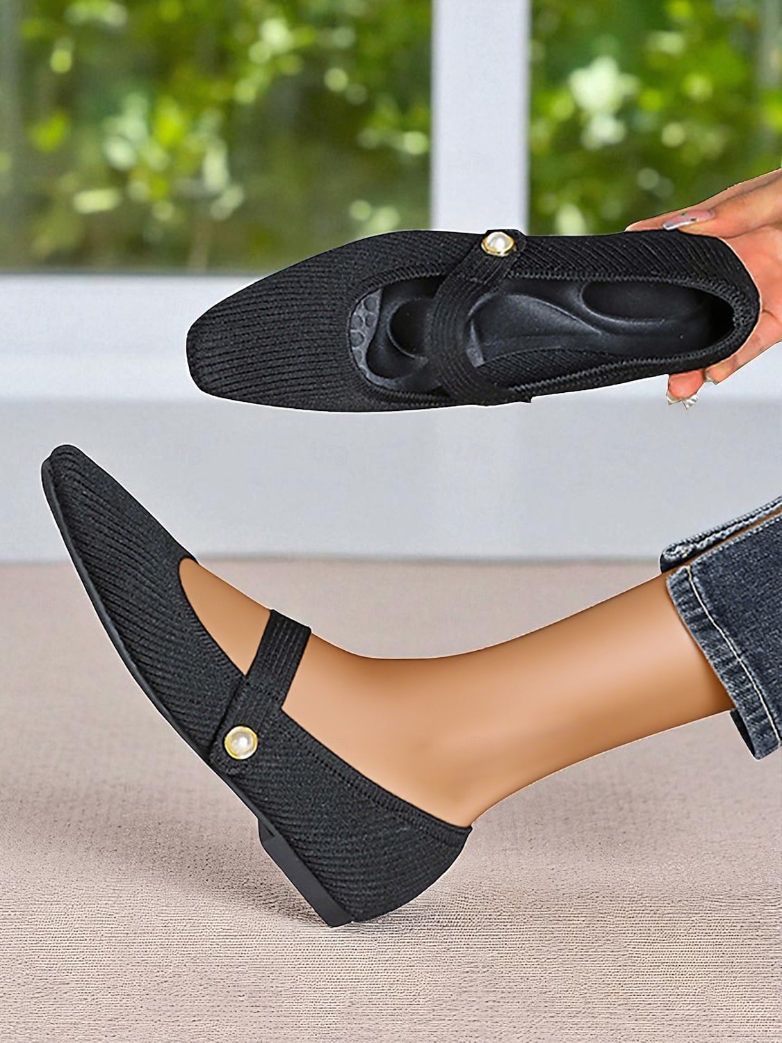 Beige stickade Mary Jane-skor med pärlrem för kvinnor - lätta, andningsbara vardagsskor för vardagsbruk, resor och kontorskläder 2026 - $42.99 –P1