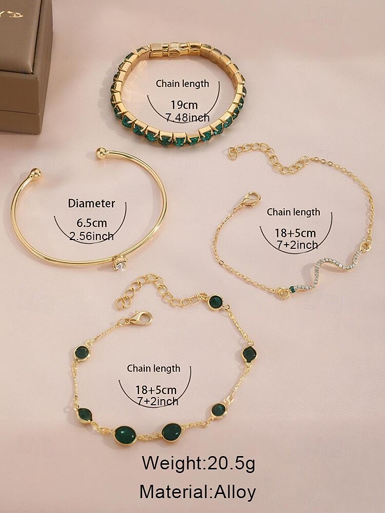 Women's Gold-Tone Green Crystal Bracelet Set – 4-Piece Elegant Alloy Jewelry with Adjustable Chain, Fashion Statement Accessories for Parties, Weddings and Special Occasions 2025 - $9.99 –P7
