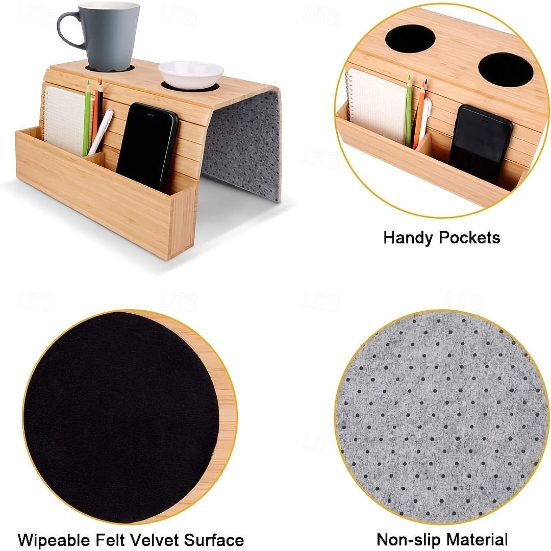 Składany stolik podłokietnikowy do sofy z bambusa w stylu vintage z uchwytem na kubek – nie wymaga montażu, należy myć ręcznie, naturalne drewno &wykończenie w kolorze czarnym, drewno liściaste 2026 - $43.99 –P8