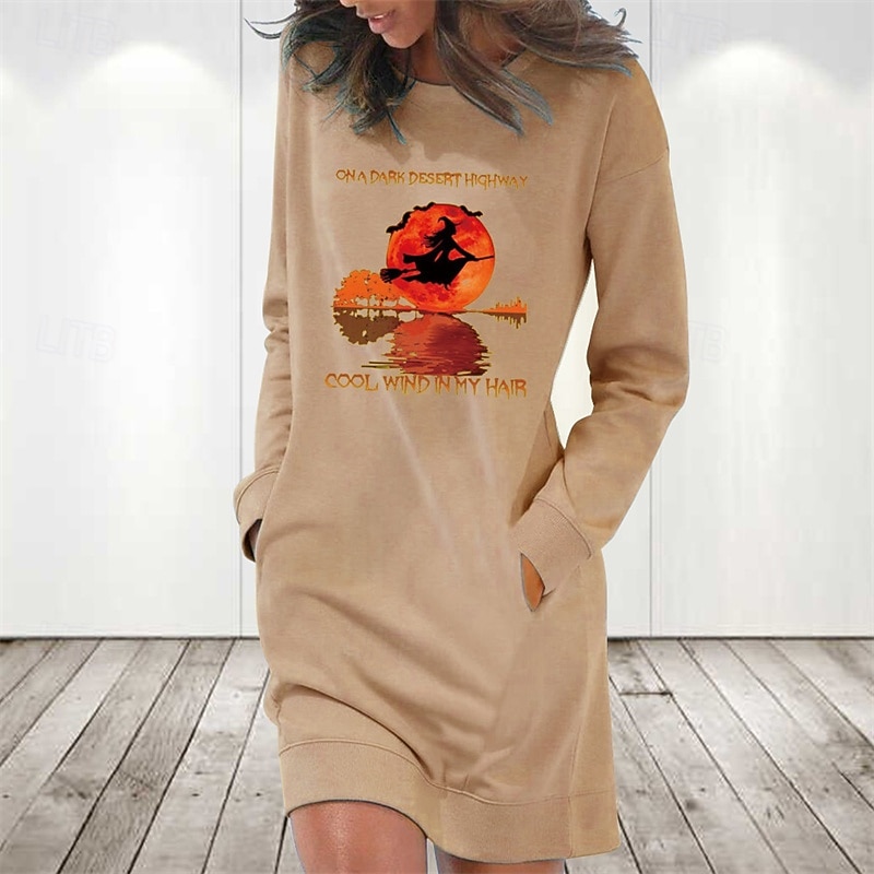 Damen Minikleid Sweatshirt-Kleid Freizeitkleid Mode Modern Halloween Täglich Wochenende Normale Passform Grafik Langarm Rundhalsausschnitt Schwarz Weiß Rote Khaki Frühling Herbst 2025 - $21.99 –P6