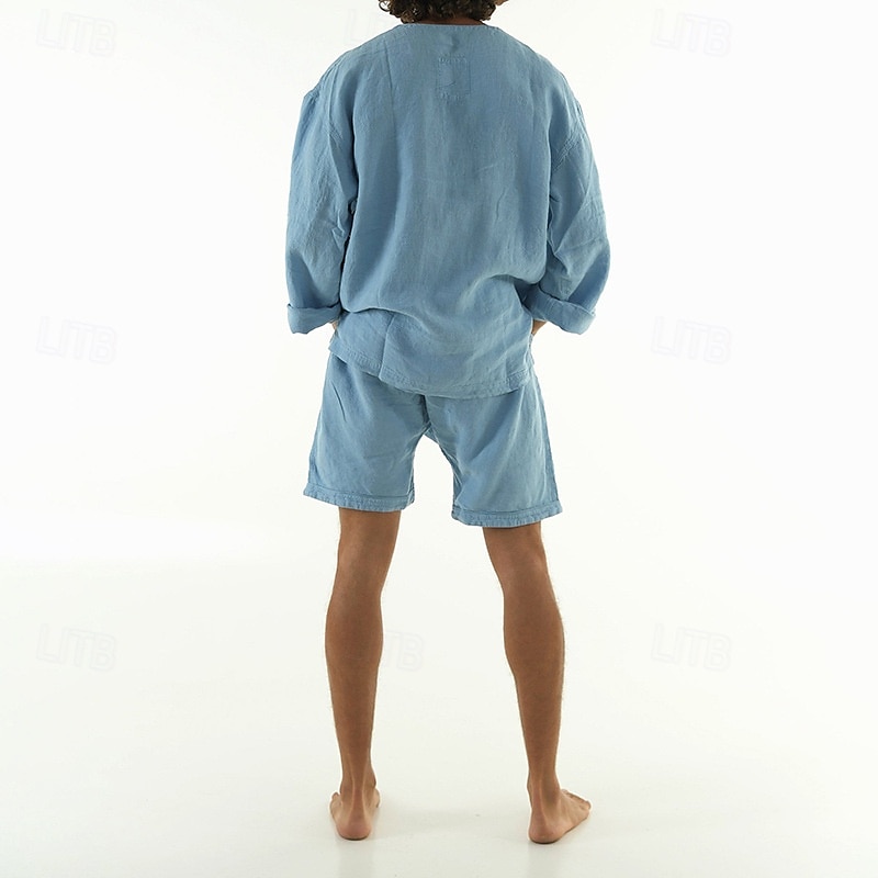 Homme Ensembles T-shirt Tenues 2 pièces Ensemble Short manche longue Col en V Été Printemps Uni Mode Occasionnel 2 pièces Poche Avant Vacances Tenue quotidienne Sortir Jaune Bleu Vert T-shirt haut de de 2025 ? $36.99 –P7