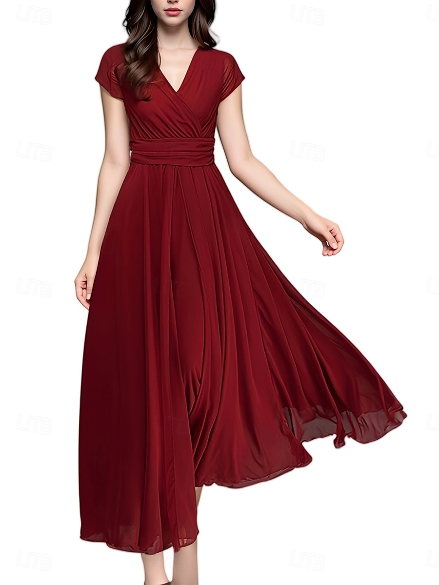 Women's Maxi long Dress Boho Wedding Guest Dress Elegant Stylish Regular Fit Plain Short Sleeve V Neck Black White Yellow Light Green Summer Spring 2025 - $26.99 –P7