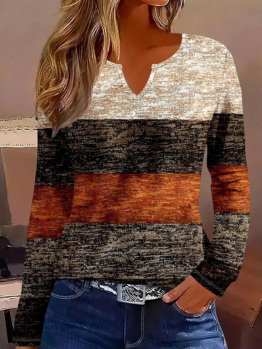 Femmes T-shirt Graphique Géométrique Rayé ancien Élégant Classique manche longue Col en V Encolure en V Hauts Réguliers Quotidien Week-end Imprimé Marron Printemps Automne Hiver de 2025 ? $23.99 –P1