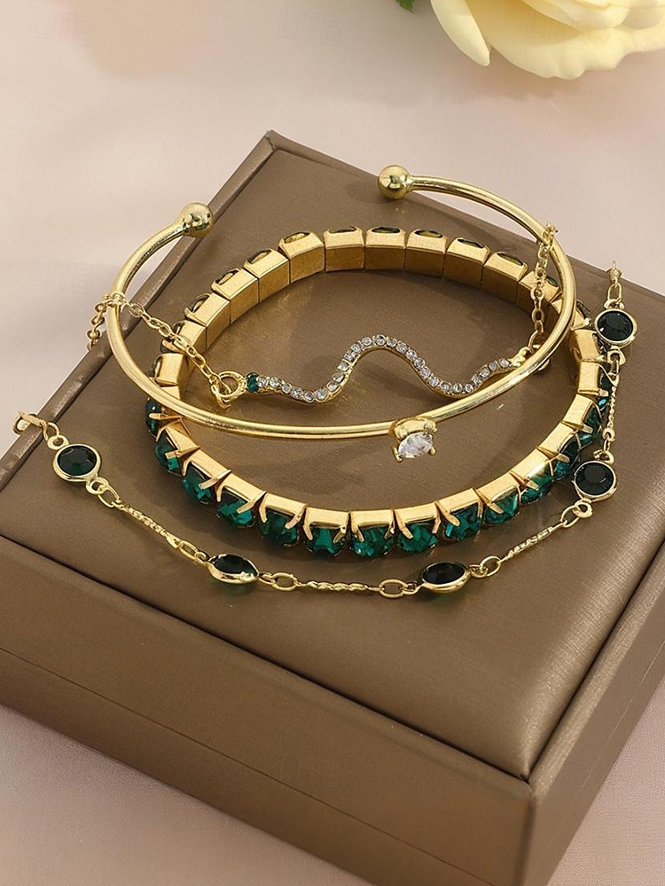 Set de brățări pentru femei cu cristale verzi aurii – 4 bijuterii elegante din aliaj cu lanț reglabil, accesorii la modă pentru petreceri, nunți și ocazii speciale 2025 - $9.99 –P3