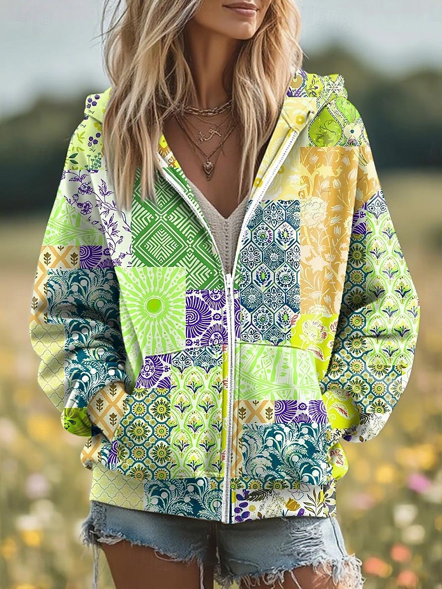 Kvinners 3D Print Zip Up Hetter Blomster Grafisk Motemessig Kledelig Langermet Hetter Vanlige Topper Gate Hverdagsklær Patchwork Glidelås Lomme Gul Rosa Blå Lilla Grønn Vår Høst 2025 - $26.99 –P5