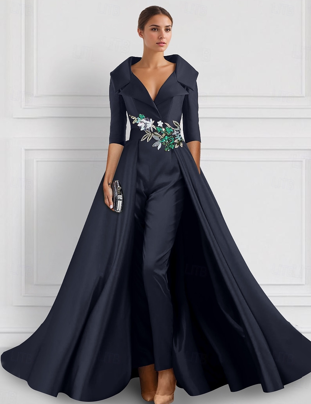 A-linjeformad aftonklänning Elegant overskirt jumpsuit klänning formell bröllop blomster golvlängd halvlång ärm skjortkrage satin med slits broderi applikationer 2025 - $159.99 –P3