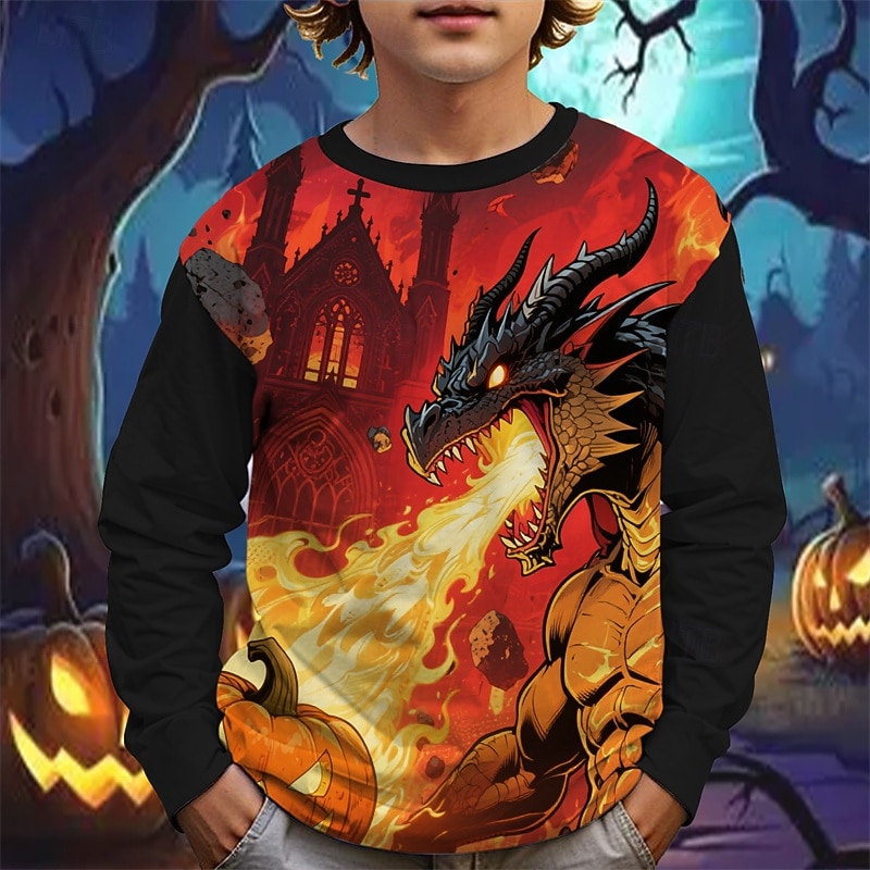 Halloween Pojkar 3D Tecknat Dinosaurie T-shirt Långärmad Vår Höst Mode Grundläggande Barn 4-12 år Rund hals Utomhus Ledigt Dagligen Normal 2025 - $13.99 –P2