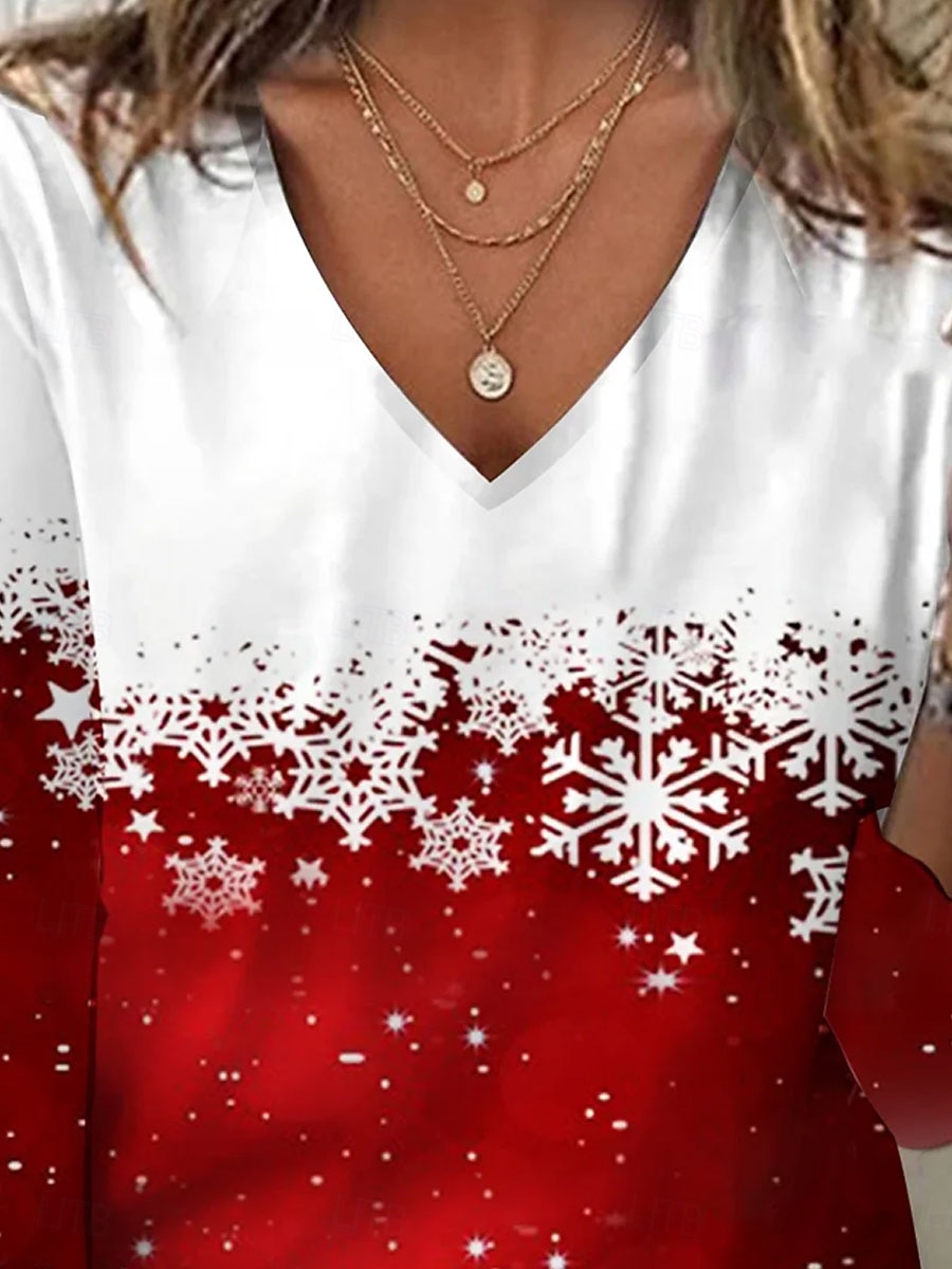 Noël Femmes T-shirt Graphique Motif de flocon de neige ancien Élégant Basique Manche 3/4 Col en V Hauts Réguliers Quotidien Week-end Imprimé Rouge Hiver de 2025 ? $24.99 –P2
