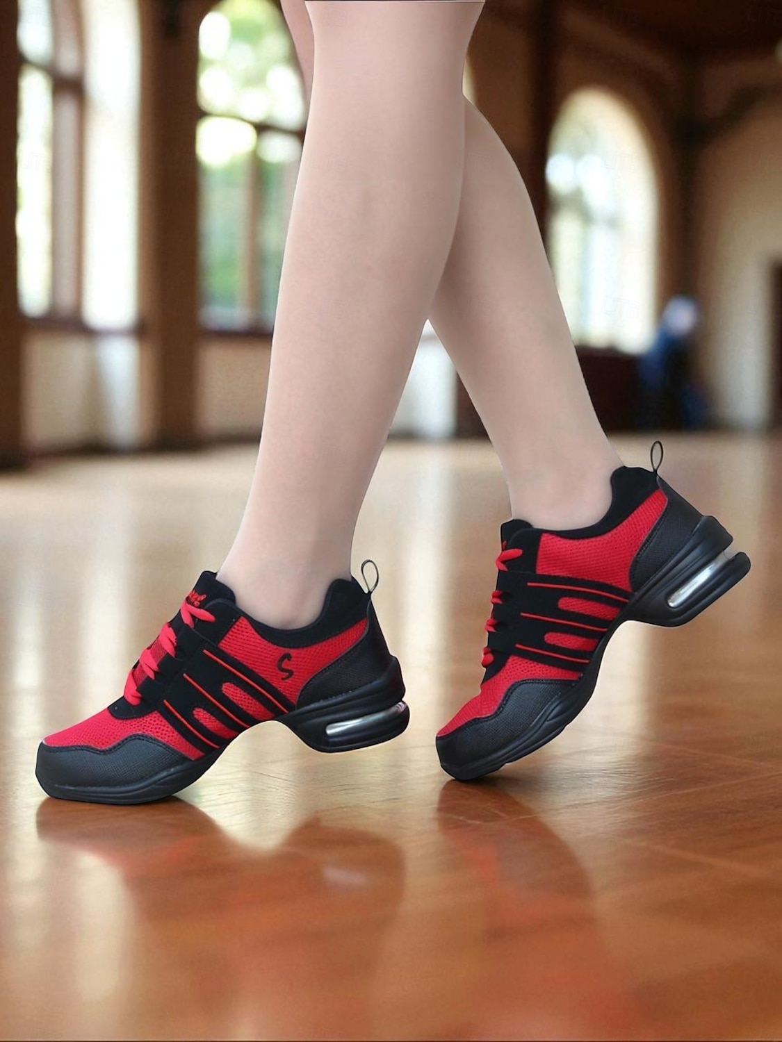 2025年 女性用レッド&ブラックメッシュジャズダンススニーカー、スプリットソール、軽量で通気性のあるデザイン - ヒップホップ、ズンバ、社交ダンスのトレーニングに最適なプロ仕様の練習用シューズ コレクション – $32.99 –P7