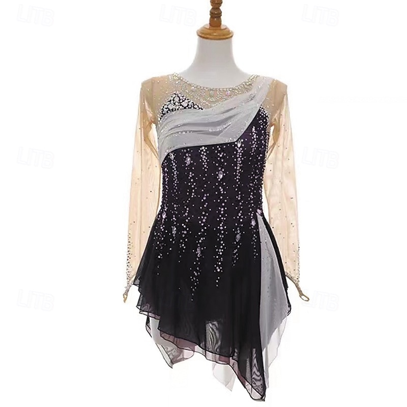 Eiskunstlaufkleid Damen Mädchen Eislaufen Kleid Schwarz Patchwork Daumenloch Netzstoff Spandex Dehnbar Training Übung Professionell Eiskunstlaufkleidung Thermowarm Kristall / Strass Langarm Eislaufen 2026 - $298.79 –P1
