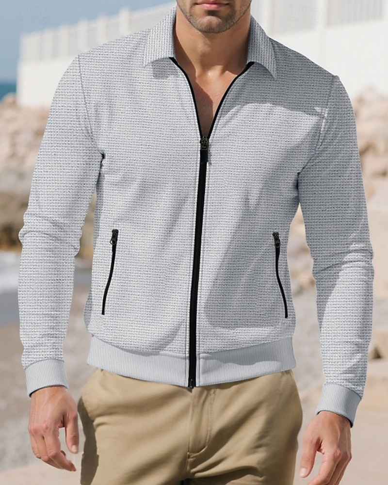 Homens jaqueta leve Jaqueta Waffle Jaqueta casual Férias Diário Respirável Bolsos Primavera Outono Tecido Moda Clássico Lapela Padrão Preto Branco Azul Royal cáqui Cinzento Casaco de 2026 por $21.99 –P14