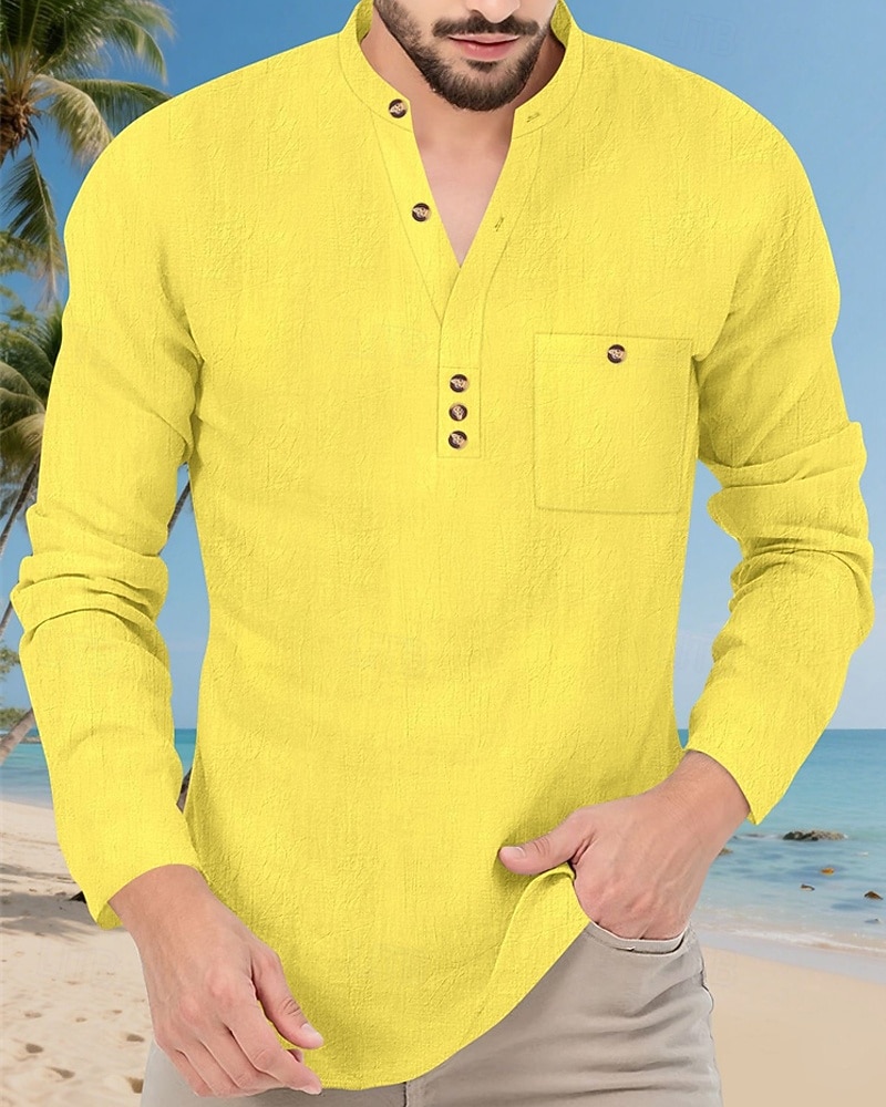 Per uomo Camicia Camicia popover Camicia Estiva Camicia casual Camicia da Spiaggia Nero Bianco Giallo Blu marino Azzurro cielo Manica Lunga Semplice Colletto alla coreana Vacanza Camicia hawaiana del 2025 a $23.99 –P12