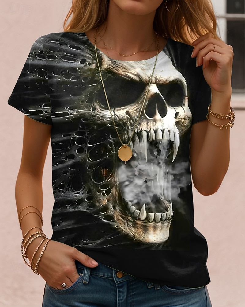 Halloween Damen T Shirt Grafik Schädel Halloween Vintage Stilvoll Klassisch Kurzarm Rundhalsausschnitt Normale Oberteile Täglich Wochenende Druck Schwarz Rote Leicht Braun Blau Orange Herbst Winter 2025 - $22.99 –P3