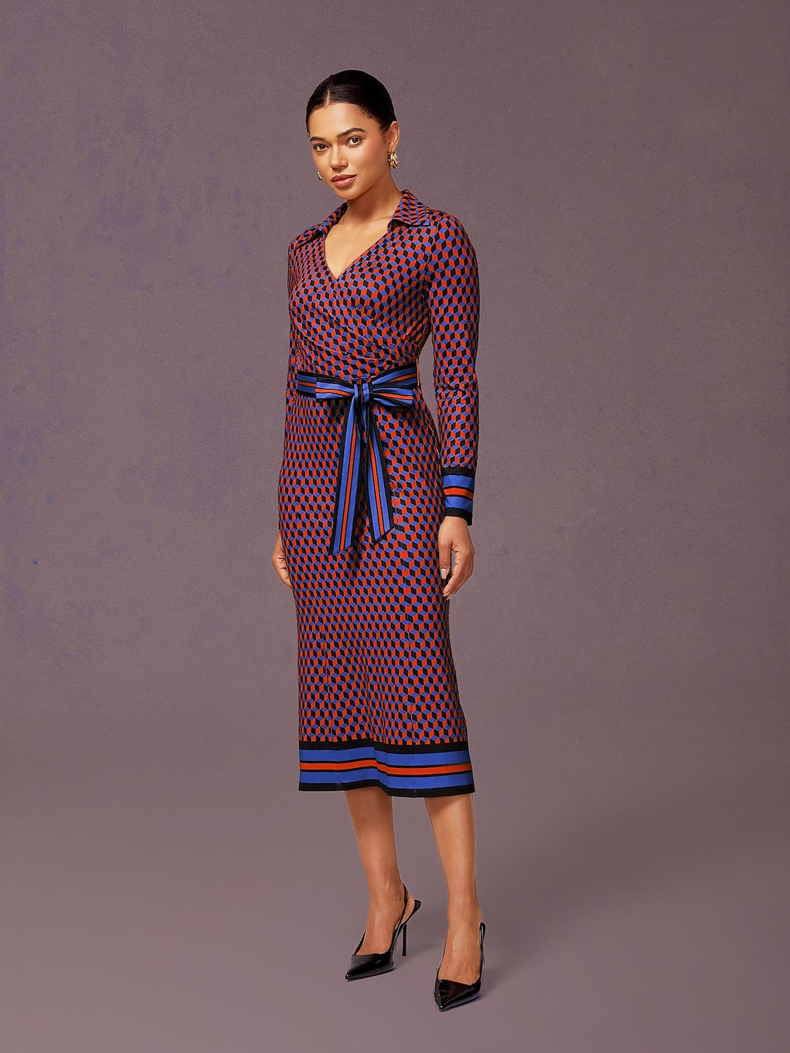 2026年 レディース ローズレッド 3D 幾何学プリント ドレス ウエストハイ ストレッチ 快適 エレガント ヴィンテージ スタイリッシュ マーメイド デイリー パーティー 仕事 秋  コレクション – $91.99 –P2