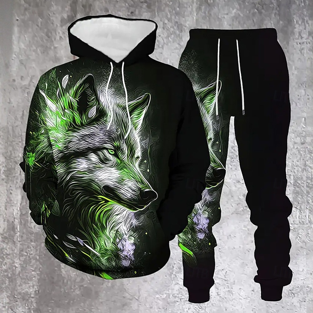 Herr Djur Varg 2st 3D-tröja set Träningsoverall Hoodie-tröja Långärmad Långa byxor Huva Ledigt vardag Fritids- Dagliga kläder 3D-utskrift Vår Höst Vinter Orange Grön 2025 - $39.99 –P2