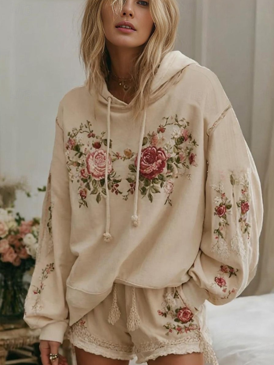 Kvinners 3D Print Hetter Pullover Sweatshirt Overdimensjonert Langermet Kledelig Grafisk Blomster Varm Aktiv Hetter Vanlige Topper Gate Hverdagsklær Patchwork Beige Vår Høst Vinter 2025 - $24.99 –P1