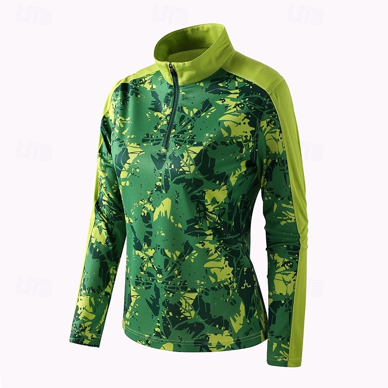 Damen Wanderhemd Wanderspitze Hemd mit Viertelreißverschluss Langarm Stehkragen Oberteil Außen Schnelltrocknend Schweißableitend Polyester Tarnung Grün Tennis Golfspiel Laufen 2025 - $32.99 –P3