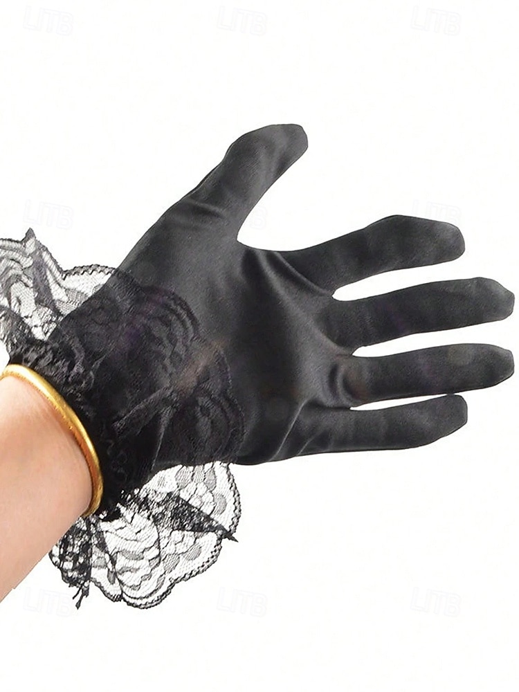 Damen-Halloween-Skeletthandschuhe – schwarze Spitzenmanschette mit Zuckerschädel-Aufdruck, Kostümzubehör für Party, Cosplay und Nachtleben 2026 - $7.99 –P7