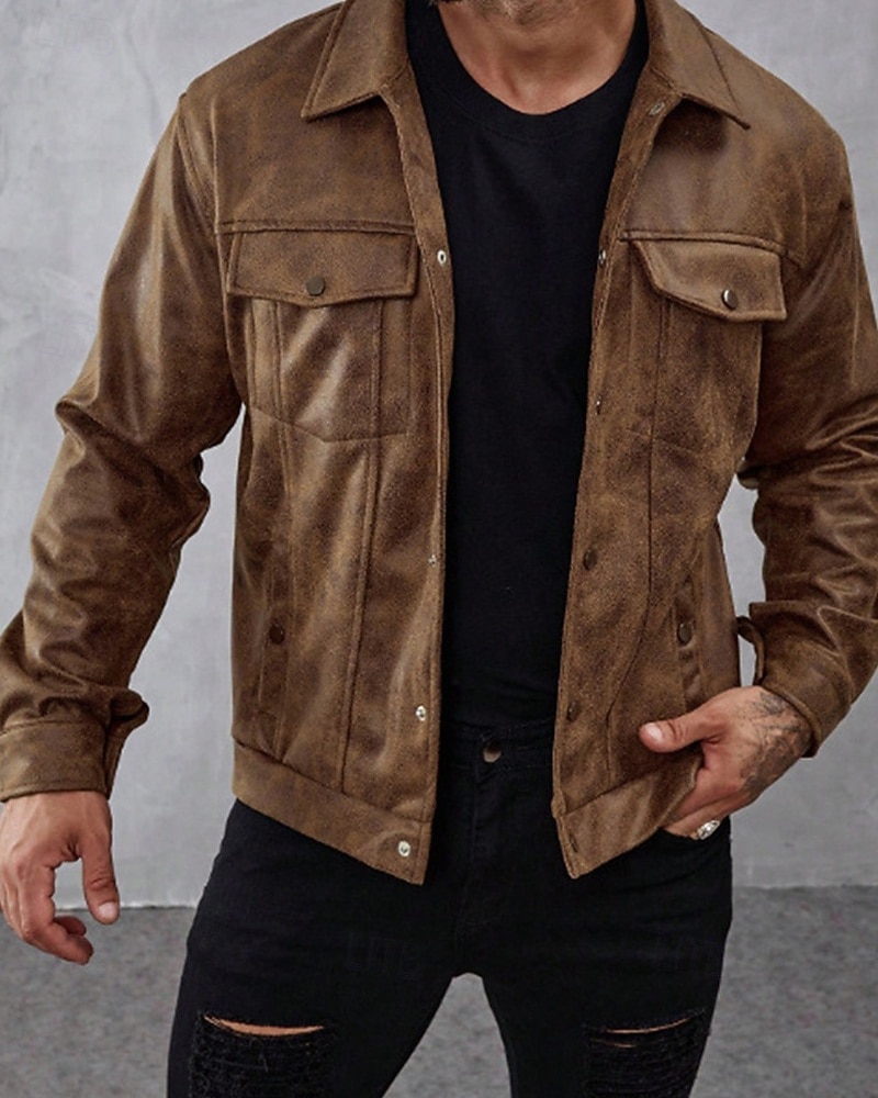 Per uomo Giacca in Ecopelle Giacca in finta pelle scamosciata Vacanza Quotidiano Antivento Caldo Tasca Autunno Inverno Semplice Moda Classico Bavero Regolare Marrone Giacca del 2025 a $39.99 –P3