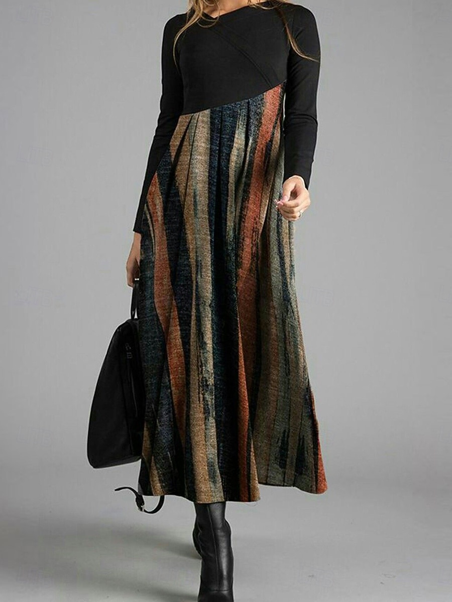 Damen Midikleid A Linie Kleid Lässig Täglich Normale Passform Grafik Geometrisch Farbblock Langarm V Ausschnitt Dunkelbraun Gelb Blau Braun Frühling Herbst Winter 2025 - $34.99 –P4