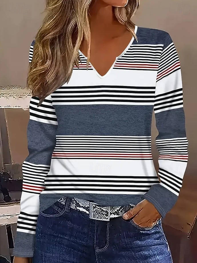 Pentru femei Tricou Grafic Geometric Dungi Epocă Stilat Clasic Manșon Lung În V Gât crestat Topuri obișnuite Zilnic Sfârșit de săptămână Imprimeu Negru și Alb Albastru Prăfuit Gri Primăvară Toamn 2025 - $23.99 –P3