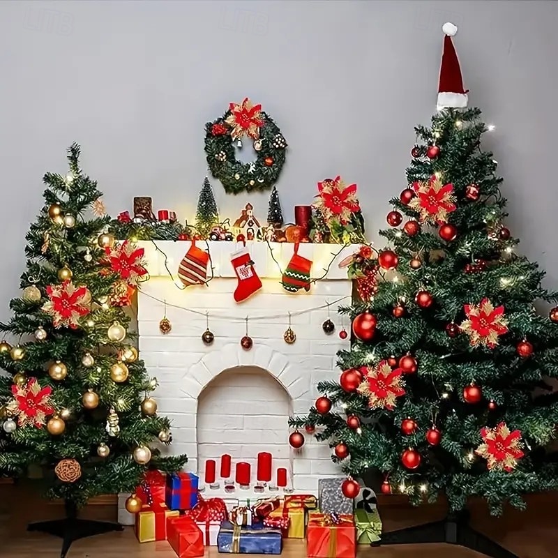 20 искусственных рождественских цветов пуансеттии с двухслойной розовой окантовкой, 5,9 дюйма, сверкающие рождественские цветочные украшения для венков, рождественской елки, свадеб и праздничного 2025 - $19.99 –P7