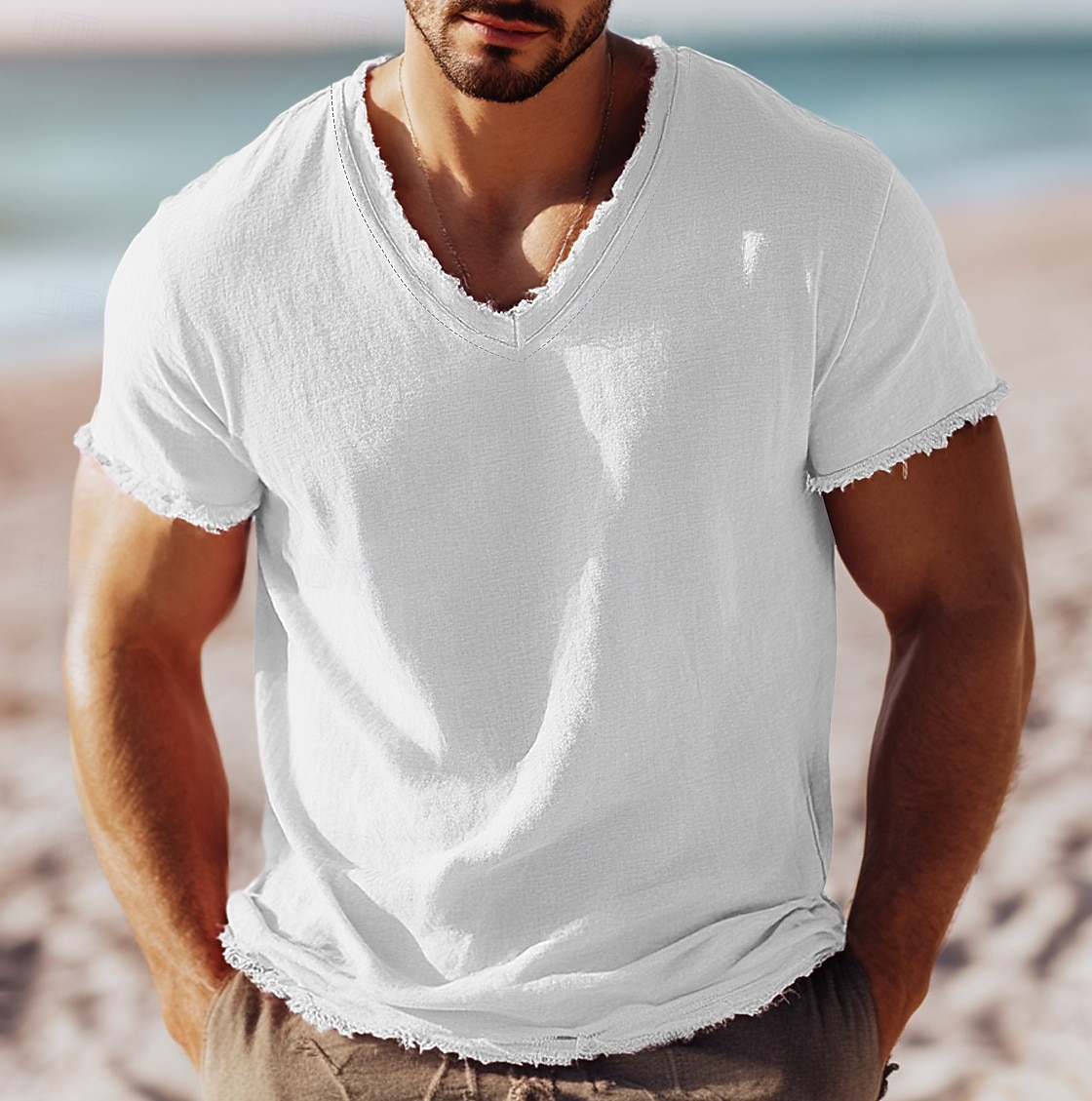 2025年 男性用 ティートップ リネンTシャツ 半袖 Ｖネック 夏 平織り ファッション デザイナー ベーシック ソフト バケーション ストリート カジュアル／普段着 ピンク ホワイト ライトブルー メンズトップTシャツ  コレクション – $18.99 –P11